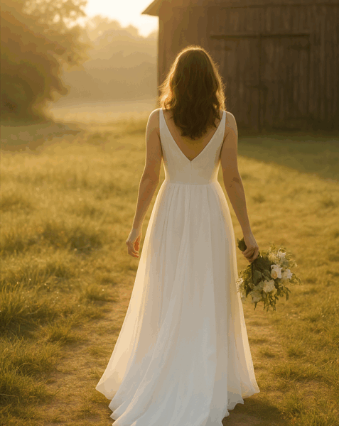 mariée marchant vers une vielle grange en bois son bouquet a la main- photographe de mariage- krystyne ramon